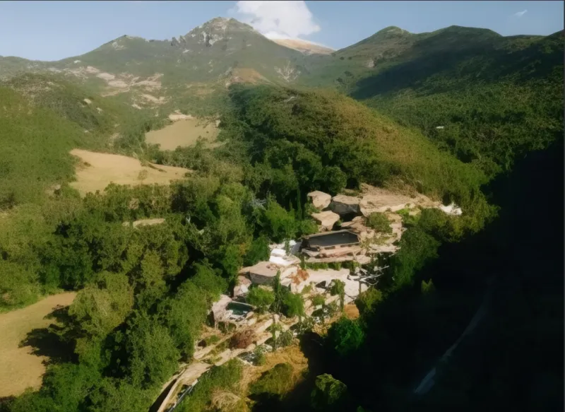 Vue aérienne du Hameau de Valouse, village privatisable pour mariage avec piscines en Drôme Provençale 