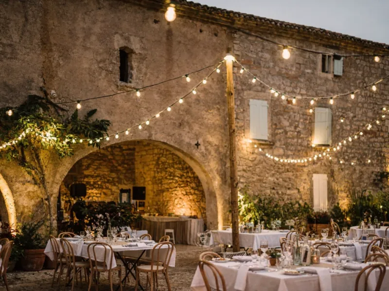 Dîner de mariage dans la cour en pierre du Domaine du Moulin Saint Augustin à Oppède, au cœur du Luberon