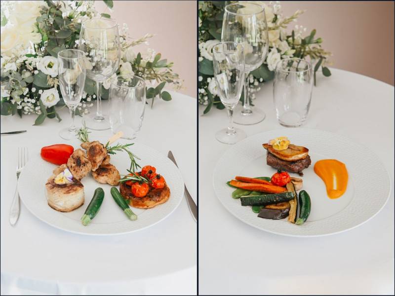 Filets de caille sur brochette de romarin et Filet de boeuf saisi au foie gras