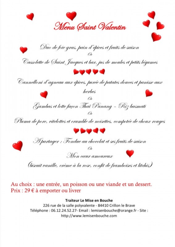 Menu Saint Valentin à emporter ou livrer dans le Vaucluse